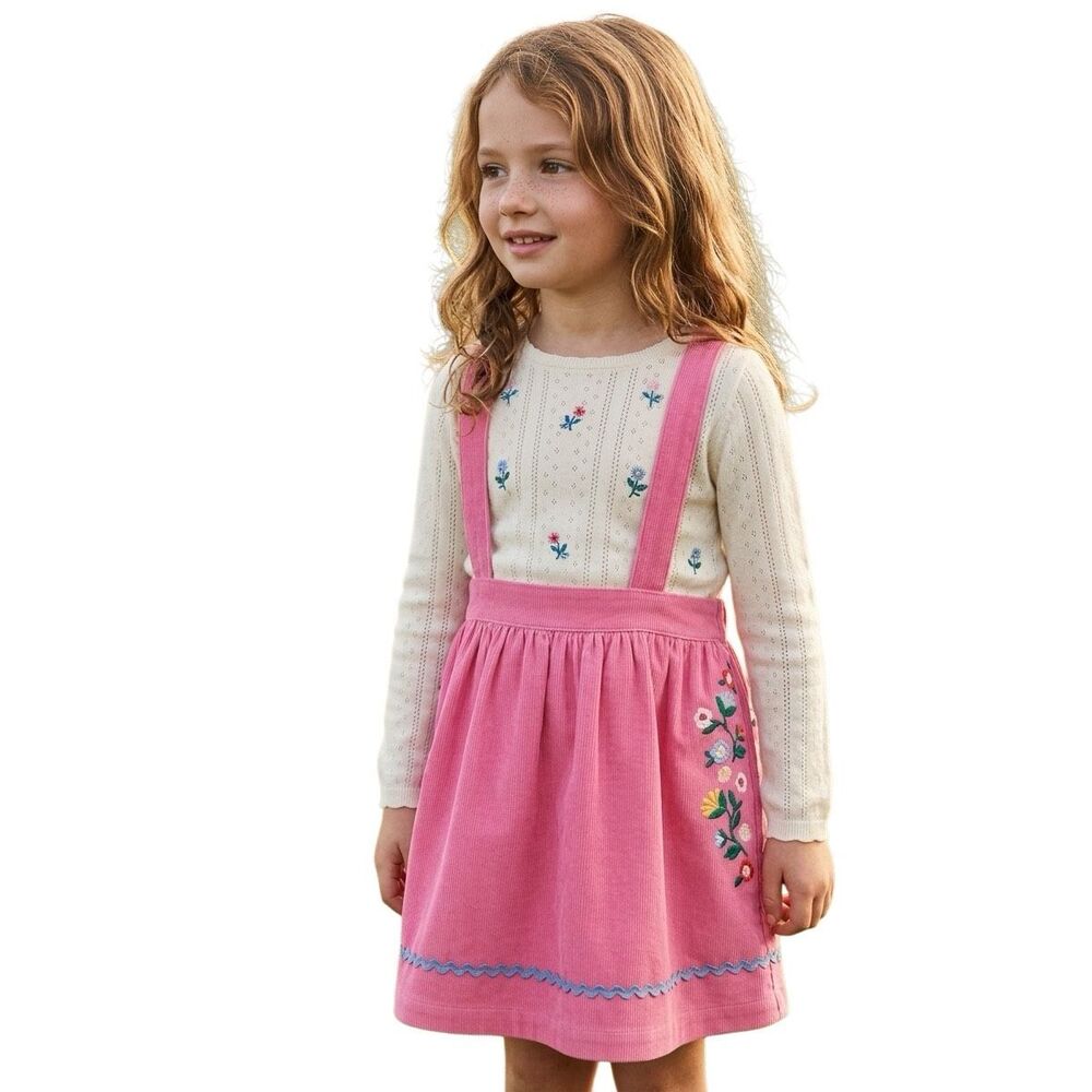 Mini Boden Pink Corduroy Floral Embroidered Pininie Dress Size 6-7Y Girls